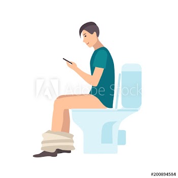 Young man sitting on toilet, holding smartphone and surfing internet while pooping isolated on white background