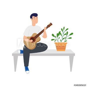 young man stay at home playing guitar in table design
