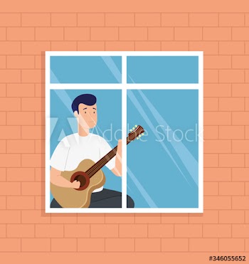 young man stay at home playing guitar in window design