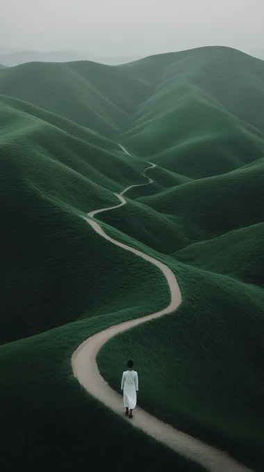 Young man walking on a winding dirt road through vibrant green fields