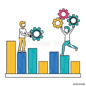 young men with statistical graph and gears design