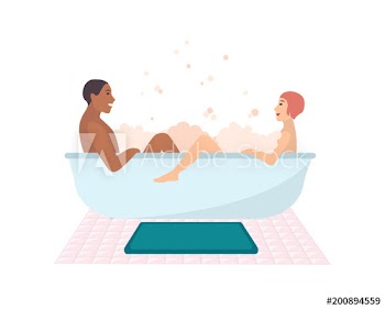 Young naked couple sitting in bathtub full of soap foam isolated on white background