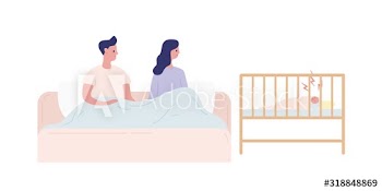 Young parents having sleepless nights with a newborn baby vector flat illustration