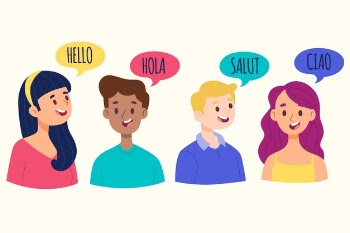 Young people talking in different languages collection Free Vector