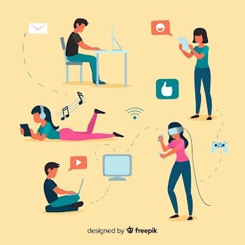 Young people using technological devices Free Vector