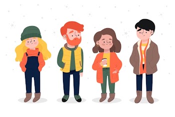 Young people wearing winter clothes and staying in the snow Free Vector