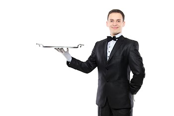 Young person holding a tray isolated on white background