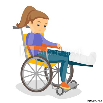 Young sad caucasian white woman sitting in a wheelchair with broken leg in gypsum
