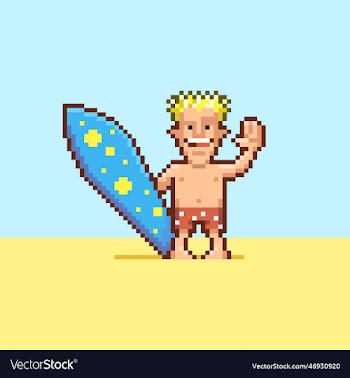 young smiling guy in shorts with surfboard