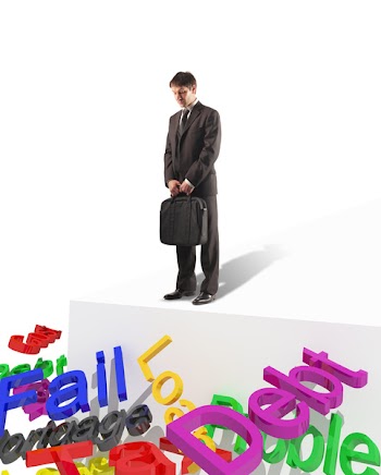 young standing businessman look 3d text business risk