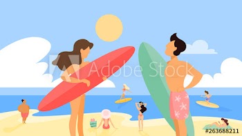 Young surfer couple standing with board on the summer beach