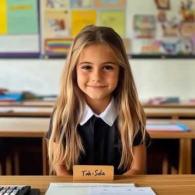 Young teacher Salma with calculator in bright classroom setting Young teacher Salma with calculator in bright classroom setting