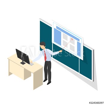 Young teacher standing at the blackboard isometric