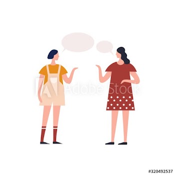 Young teen girl talking to female friend with speech bubbles vector flat illustration