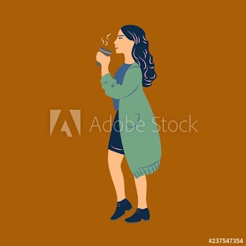 Young woman dressed in casual clothes walking and drinking coffee from paper cup