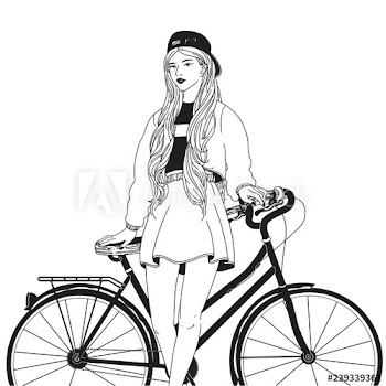 Young woman dressed in cool trendy clothes leaning her back on bike