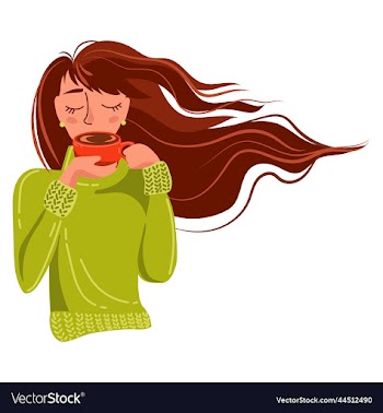 young woman in a warm sweater holds a mug