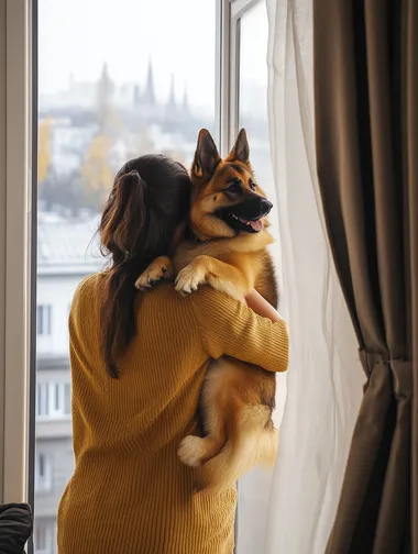 Young woman in casual attire holding cute German Shepherd dog indoors Young woman in casual attire holding cute German Shepherd dog indoors