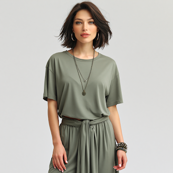 Young Woman in Oversized Olive Green T-Shirt