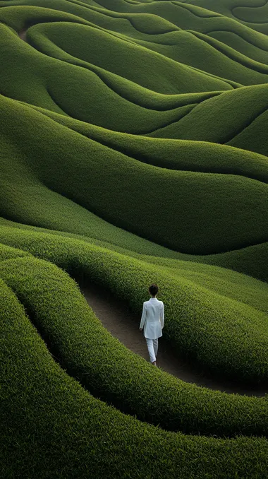 Young woman in white suit walking a winding path through green fields