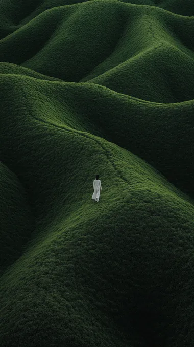 Young woman in white suit walks winding path through green fields