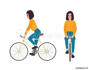 Young woman or girl dressed in casual clothing riding bike