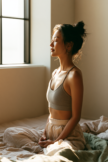 Young Woman Practicing Gentle Yoga Breathing in Sunlit Living Room