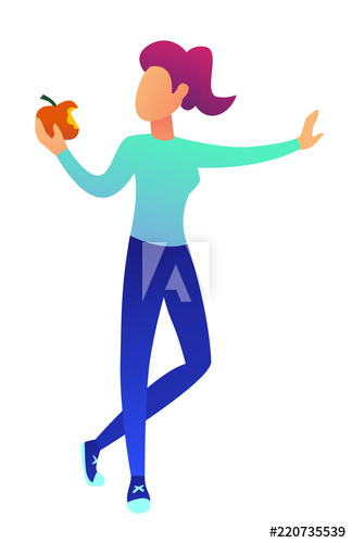 Young woman standing and biting an apple vector illustration
