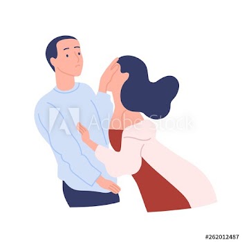Young woman tries to kiss man, he spurns her with disdain or contempt