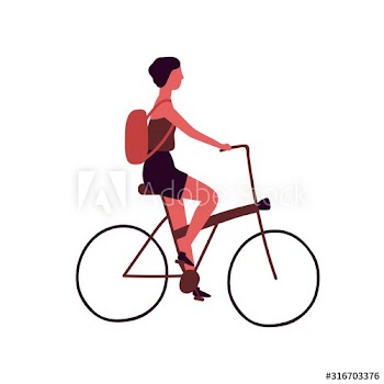 Young woman with backpack riding bicycle flat vector illustration