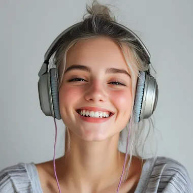 Young Woman with Headphones Laughing against White Background Young Woman with Headphones Laughing against White Background