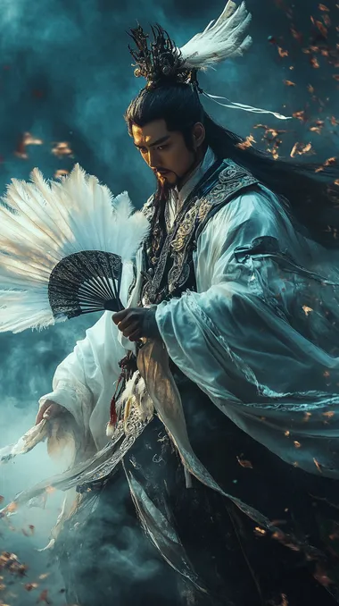 Zhuge Liang in Ancient Battlefield Holding Feather Fan, Cinematic Scene Zhuge Liang in Ancient Battlefield Holding Feather Fan, Cinematic Scene