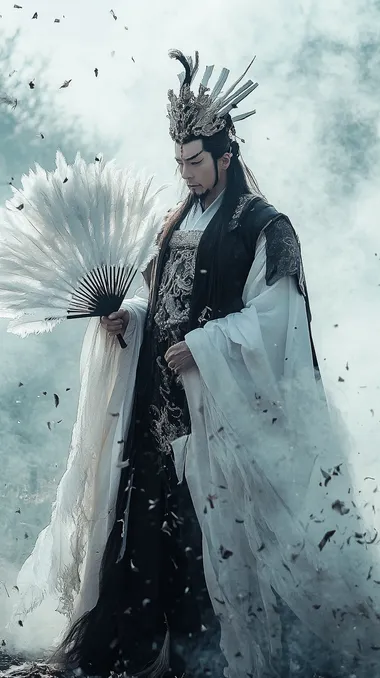 Zhuge Liang in Taoist robe on ancient battlefield with feather fan Zhuge Liang in Taoist robe on ancient battlefield with feather fan