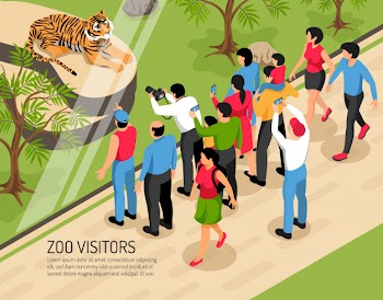 Zoo visitors adults and kids with photo cameras near area with tiger isometric Free Vector