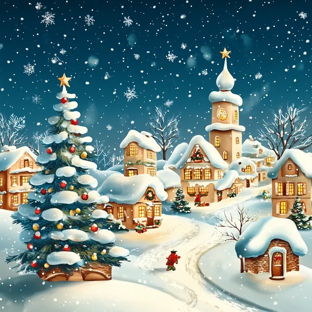 a christmas scene with a snowy village and a christmas tree