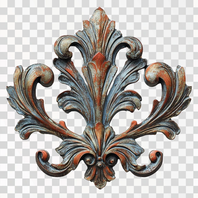 a color picture of an old metal decorative piece on a white