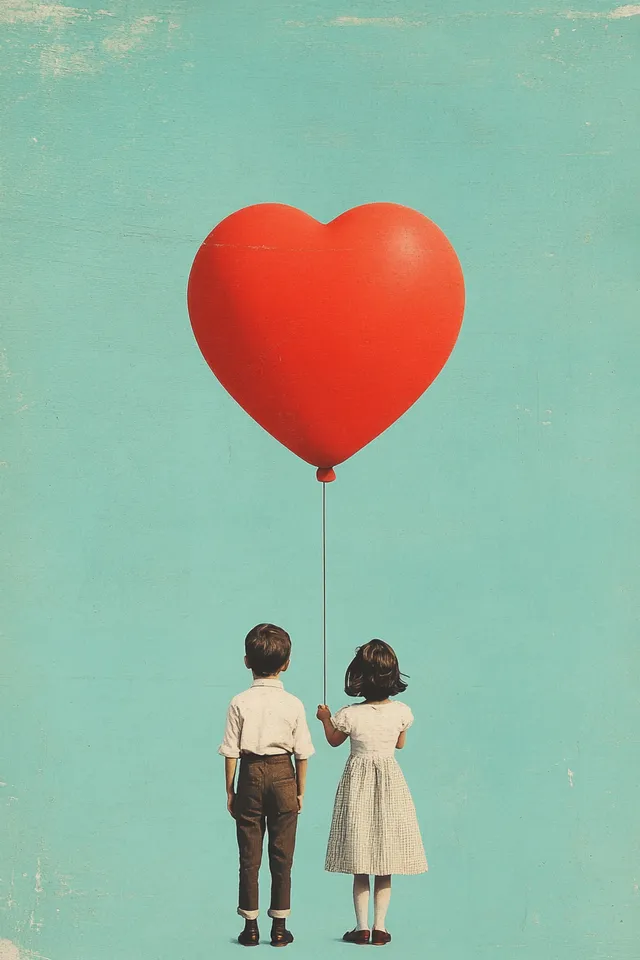 Free: A couple of vintage children holding a red heart balloon in a ...