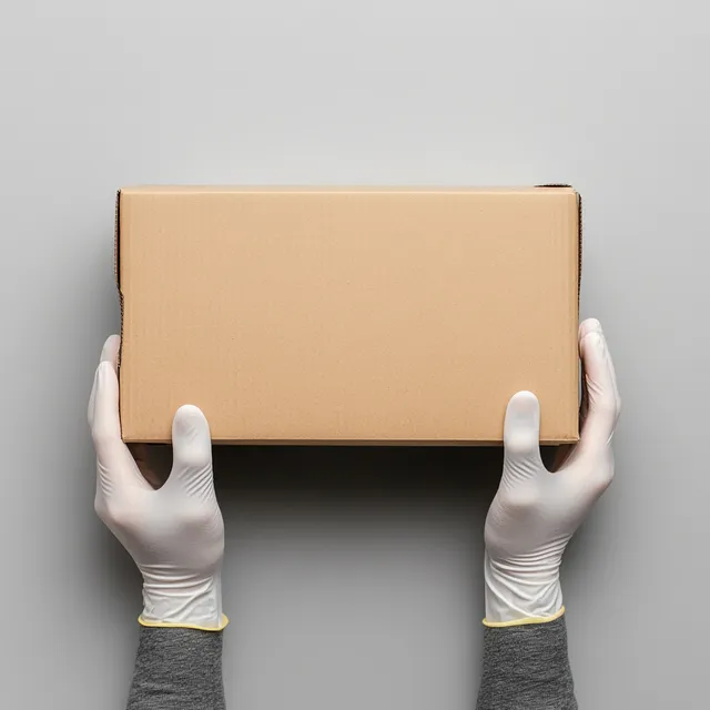 a person wearing gloves holding a cardboard box