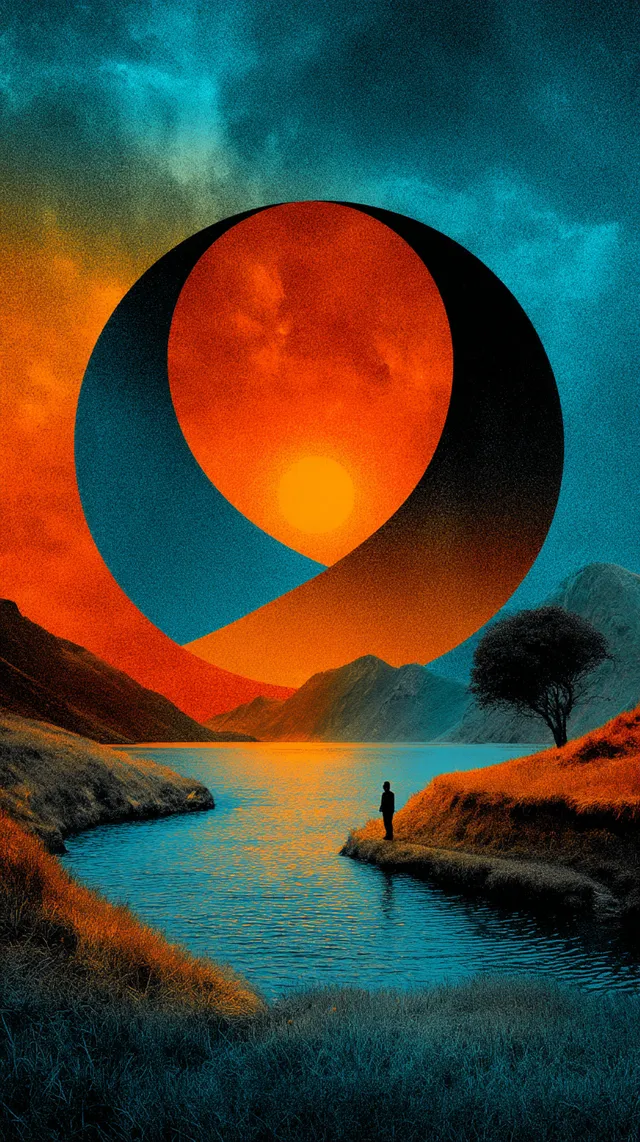 Abstract Blue and Orange Minimalist Illustration with Mbius Strip