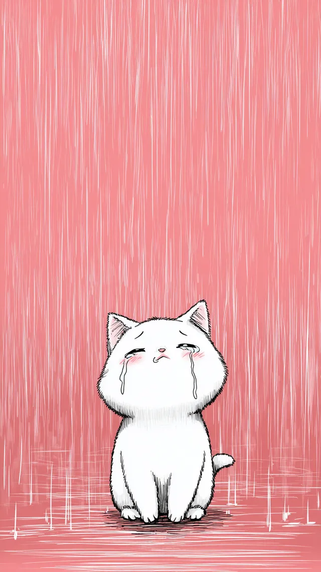 Adorable Cartoon Kitten Crying in the Rain