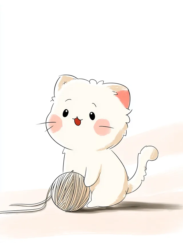 Adorable Chibi Cat with Yarn Ball