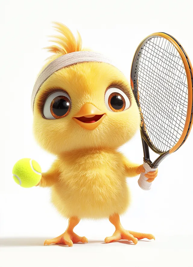Adorable Chick Takes a Swing: Tennis Fun in Pixar Style