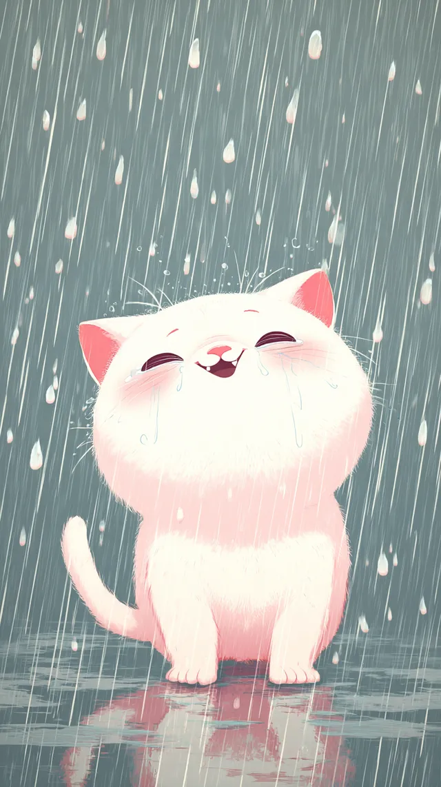 Adorable Crying Kitten Cartoon in the Rain