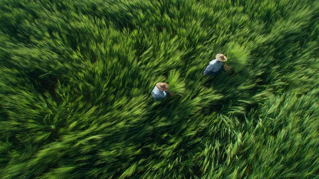 Aerial View of Scarecrows in Vibrant Green Wheat Field