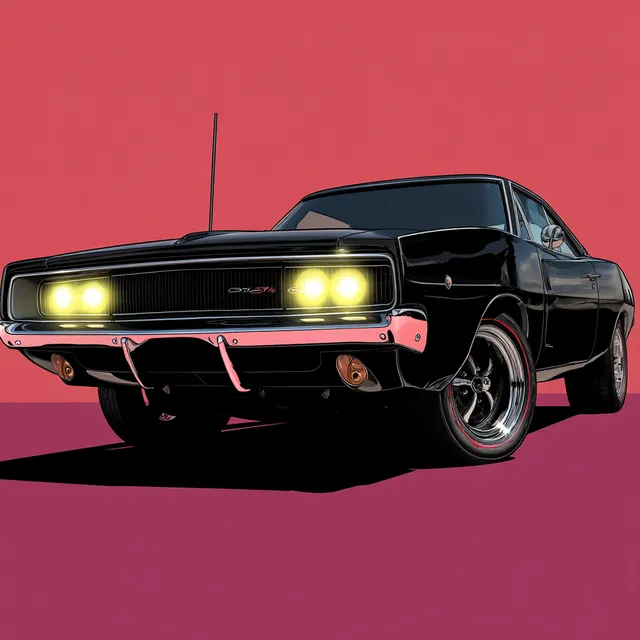 Aggressive Black 1970 Dodge Charger RT in Pop Art Style
