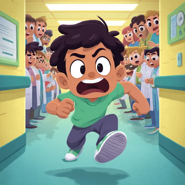 Anxious Boy Running in Hospital