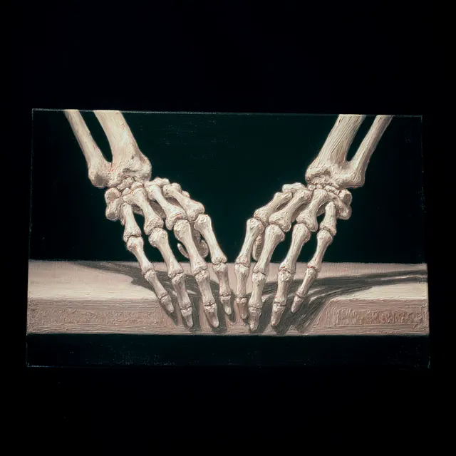 Artistic Representation of Skeleton Hands Holding Surface