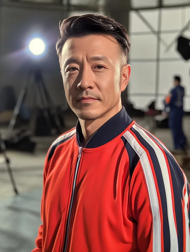 Asian man in guard tracksuit on filming set, candid moment captured