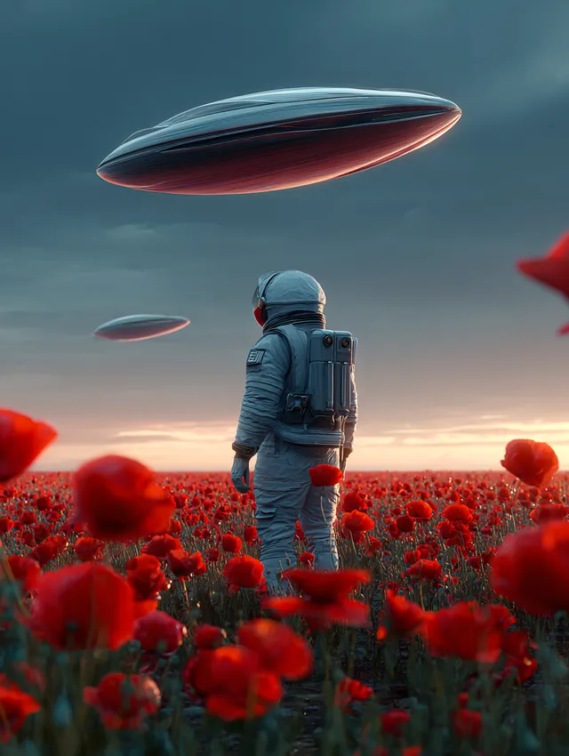 Astronaut Standing Amidst Red Poppies Under Alien Craft