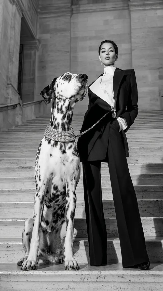 Avant-Garde Fashion Model with Majestic Dalmatian